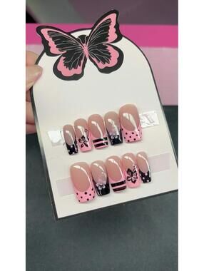 Medium square Press on nails black French tips polka dots flowers handmade gel